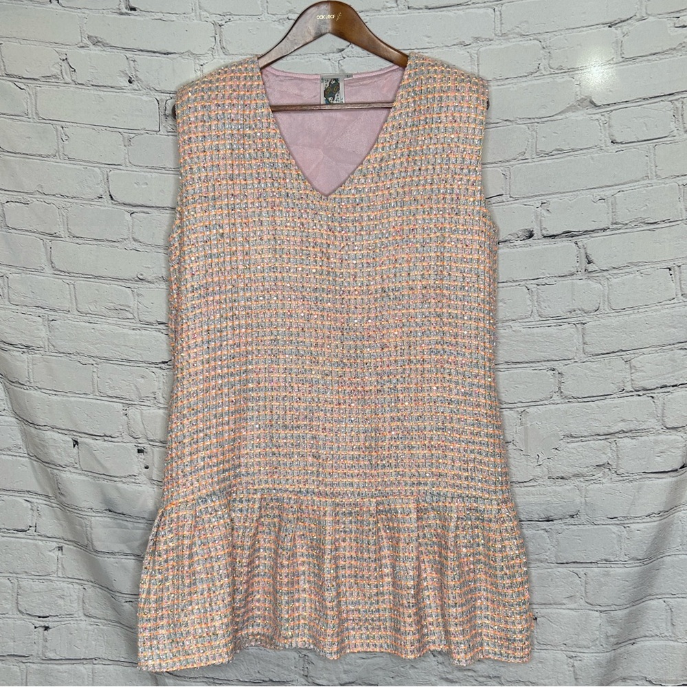 Queen Of Sparkles Pink Tweed Rhinestone Sleeveless Ruffle Hem Dress Size Large